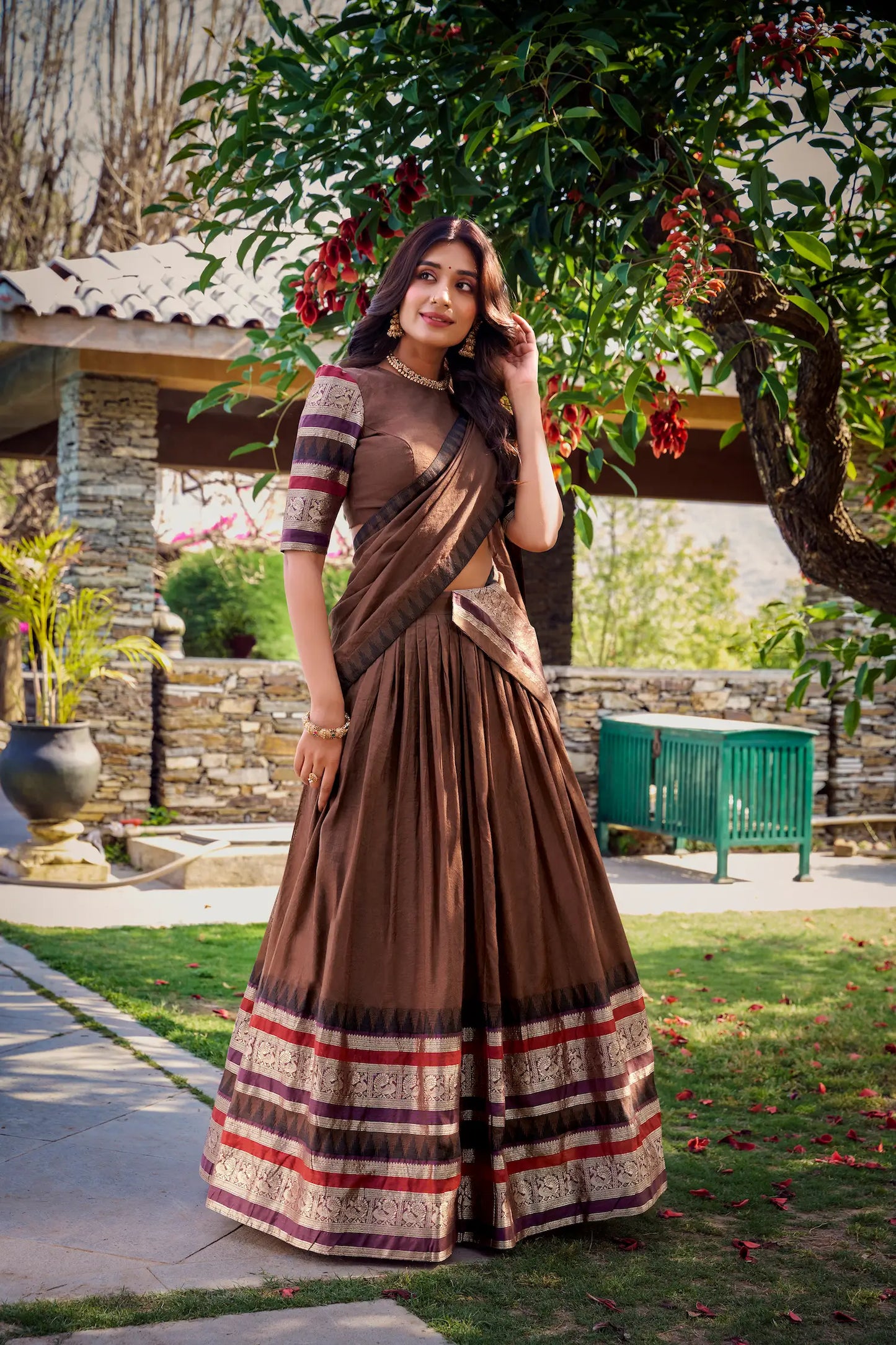 Brown Chanderi Lehenga Choli With Zari Weaving Work