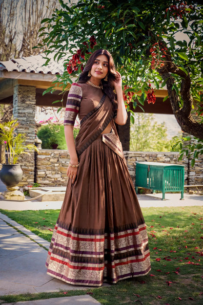 Brown Chanderi Lehenga Choli With Zari Weaving Work