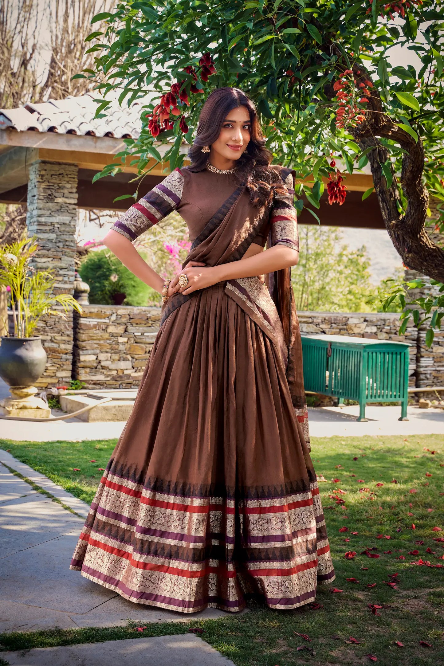 Brown Chanderi Lehenga Choli With Zari Weaving Work