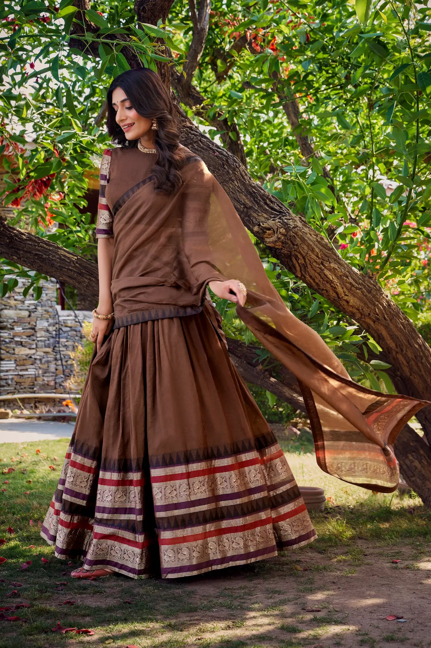 Brown Chanderi Lehenga Choli With Zari Weaving Work