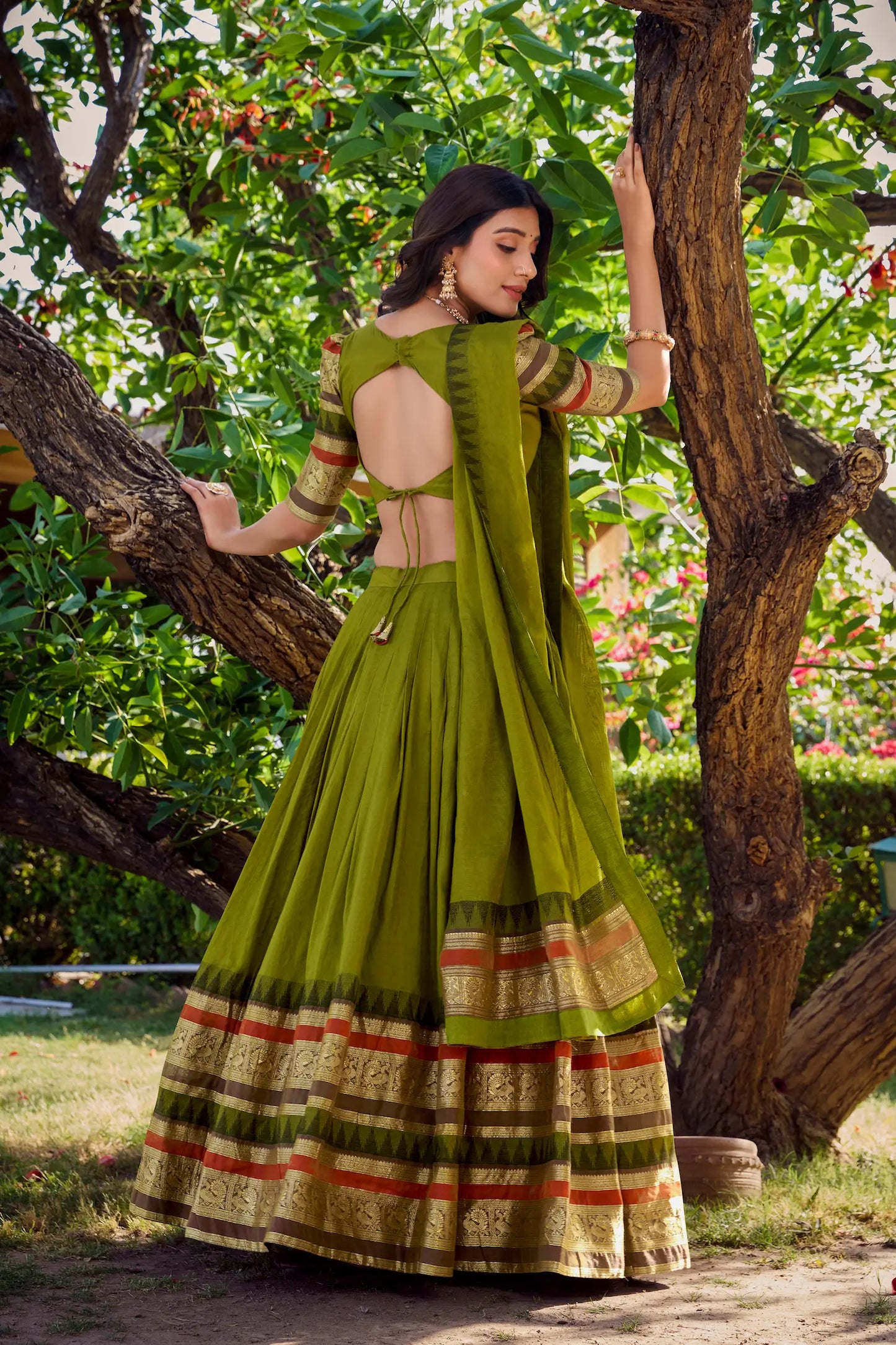 Olive Green Chanderi Lehenga Choli With Zari Weaving Work