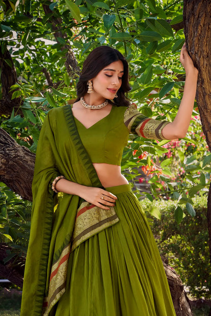 Olive Green Chanderi Lehenga Choli With Zari Weaving Work