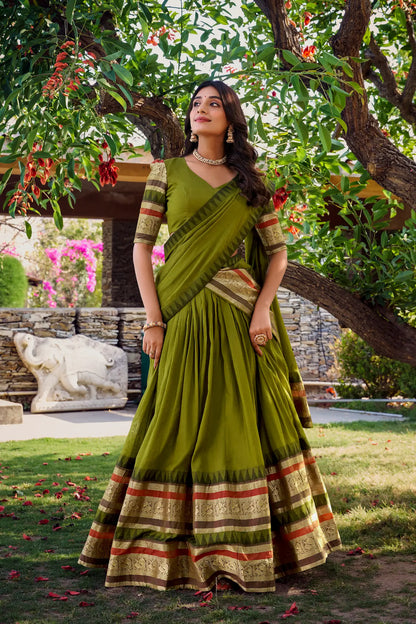 Olive Green Chanderi Lehenga Choli With Zari Weaving Work