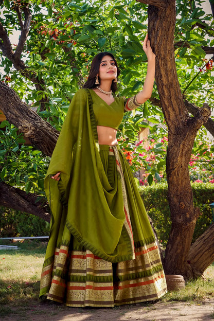 Olive Green Chanderi Lehenga Choli With Zari Weaving Work