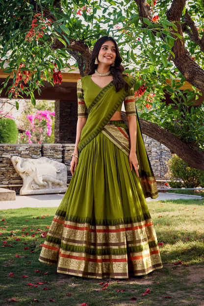 Olive Green Chanderi Lehenga Choli With Zari Weaving Work