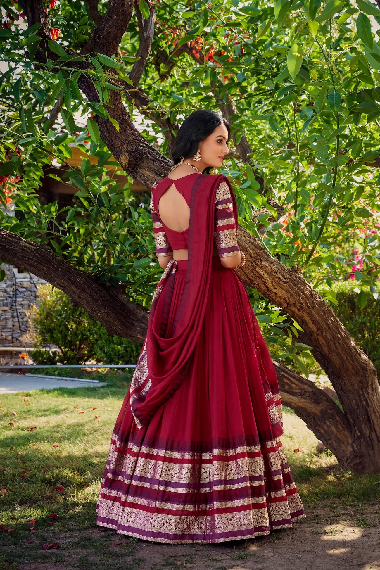Red Chanderi Lehenga Choli With Zari Weaving Work