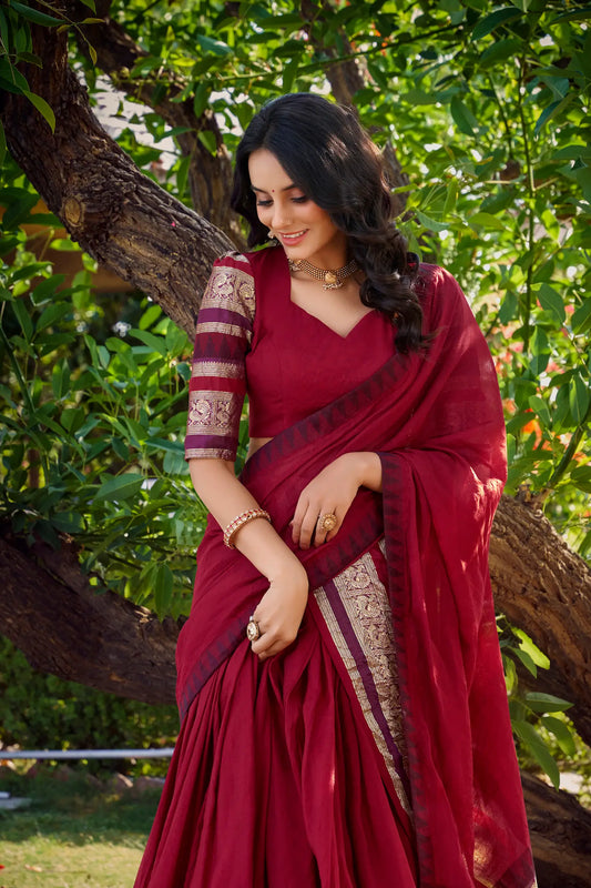 Red Chanderi Lehenga Choli With Zari Weaving Work