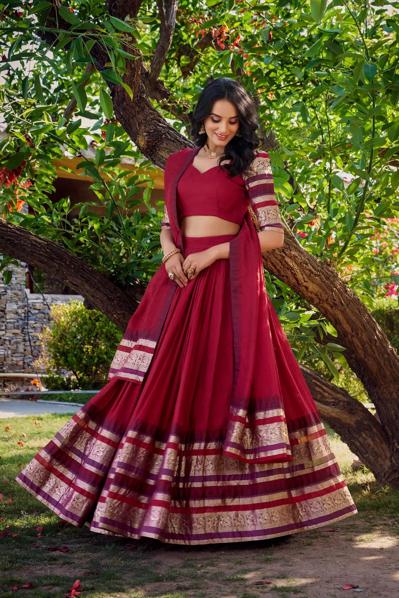 Red Chanderi Lehenga Choli With Zari Weaving Work