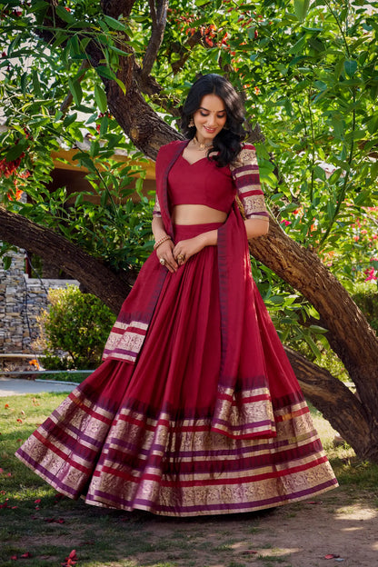 Red Chanderi Lehenga Choli With Zari Weaving Work