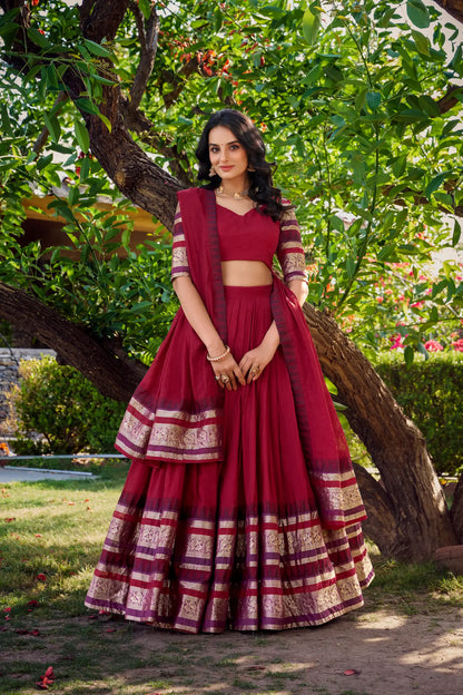 Red Chanderi Lehenga Choli With Zari Weaving Work