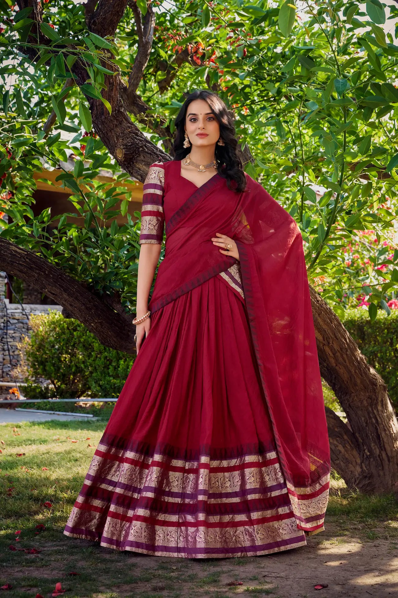 Red Chanderi Lehenga Choli With Zari Weaving Work