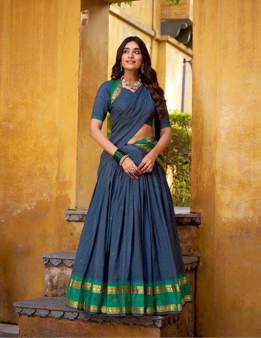 Navy Blue Blue Chanderi Zari Weaving Lehenga Choli