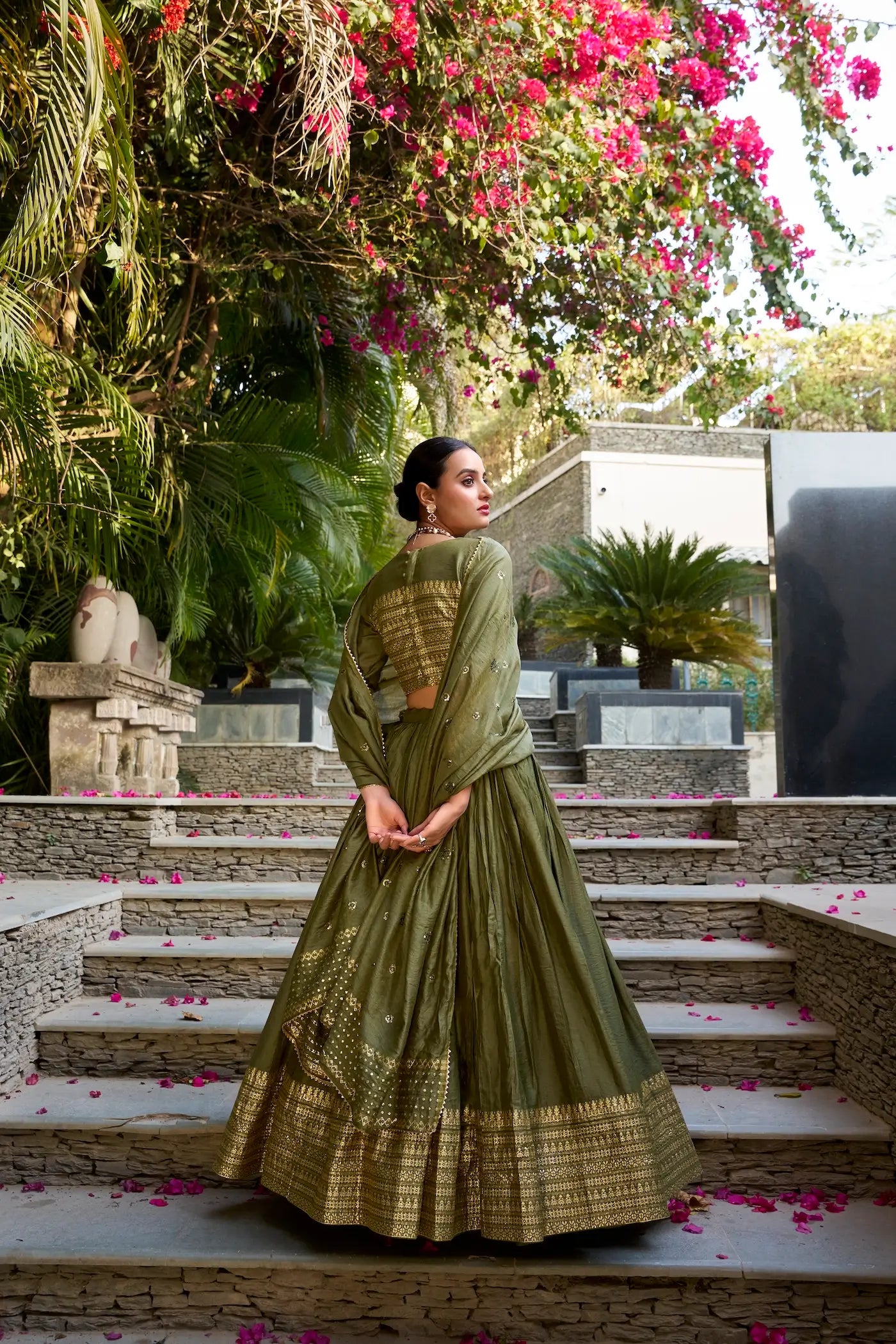 Olive Green Chanderi Silk Lehenga Choli With Zari Weaving Work