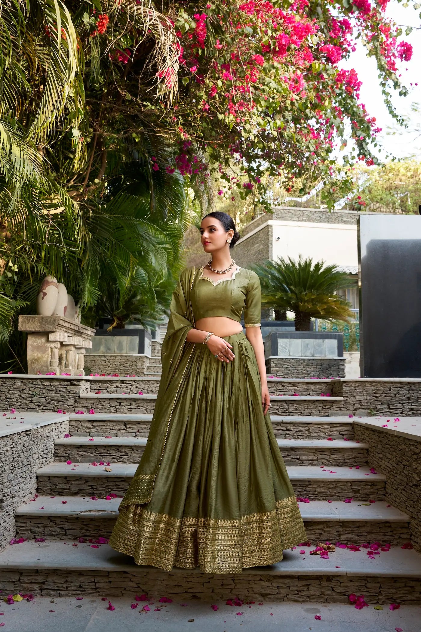 Olive Green Chanderi Silk Lehenga Choli With Zari Weaving Work