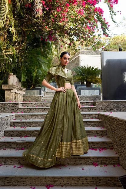 Olive Green Chanderi Silk Lehenga Choli With Zari Weaving Work