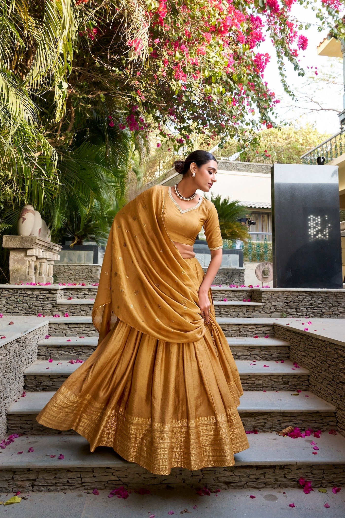 Light Mustard Chanderi Silk Lehenga Choli With Zari Weaving Work