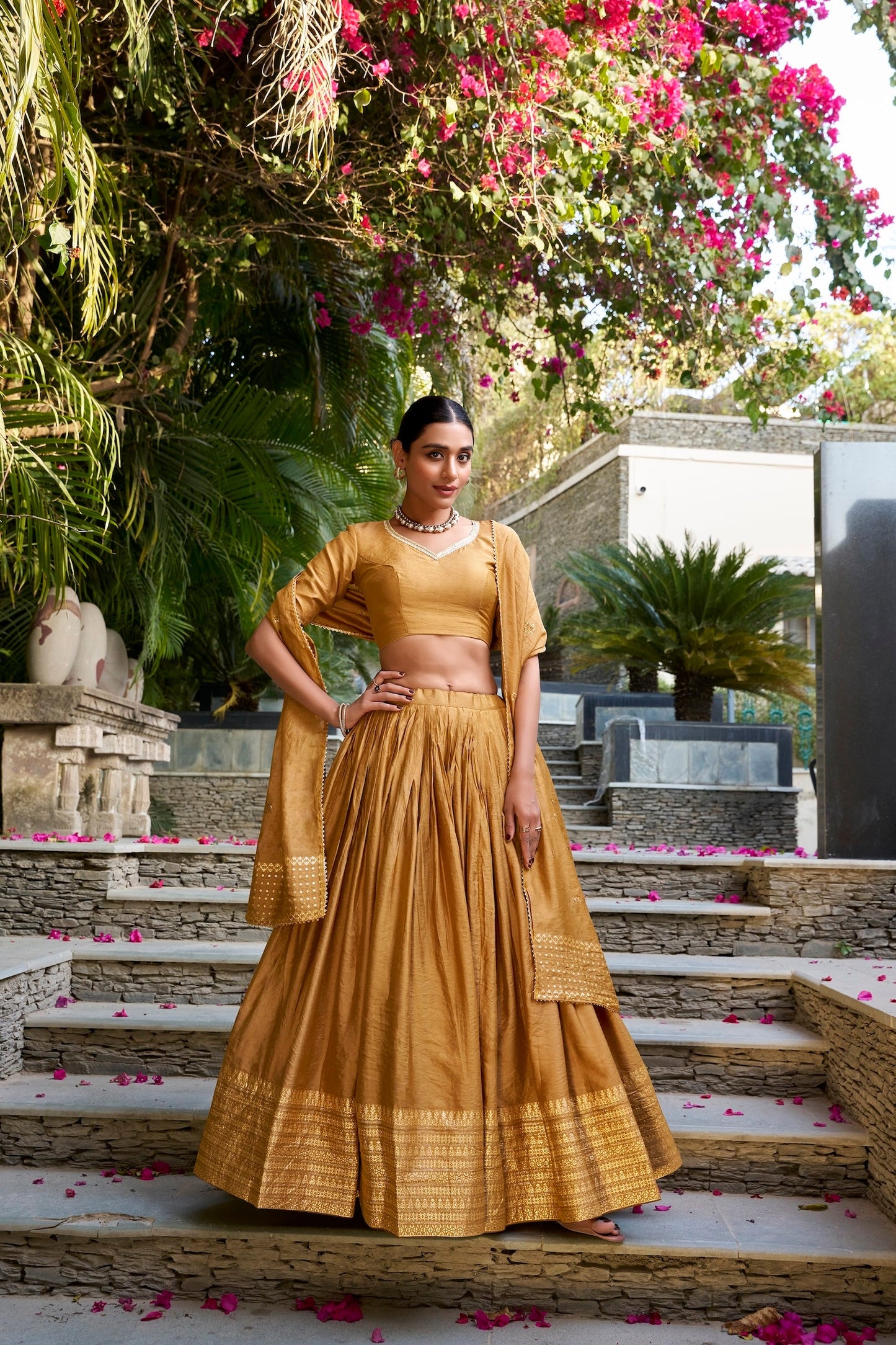 Light Mustard Chanderi Silk Lehenga Choli With Zari Weaving Work
