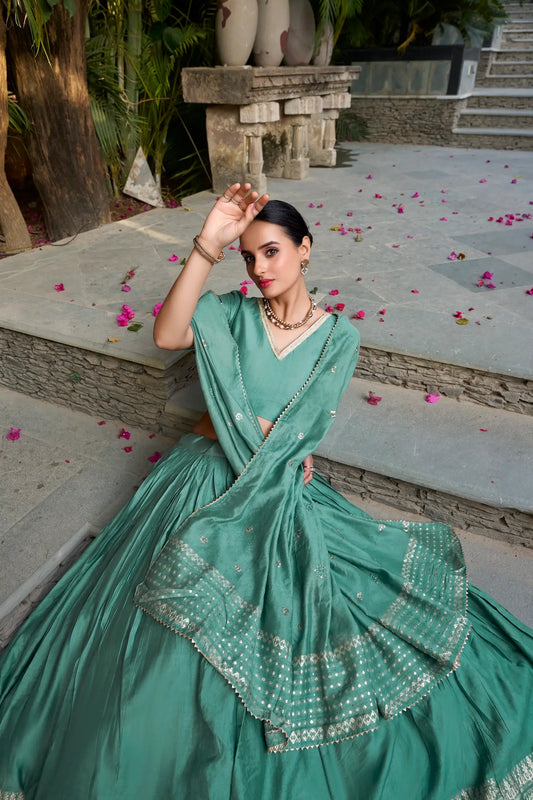 Sea Green Chanderi Silk Zari Weaving Lehenga Choli