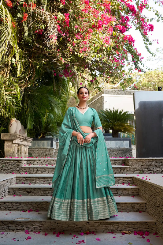 Sea Green Chanderi Silk Lehenga Choli With Zari Weaving Work