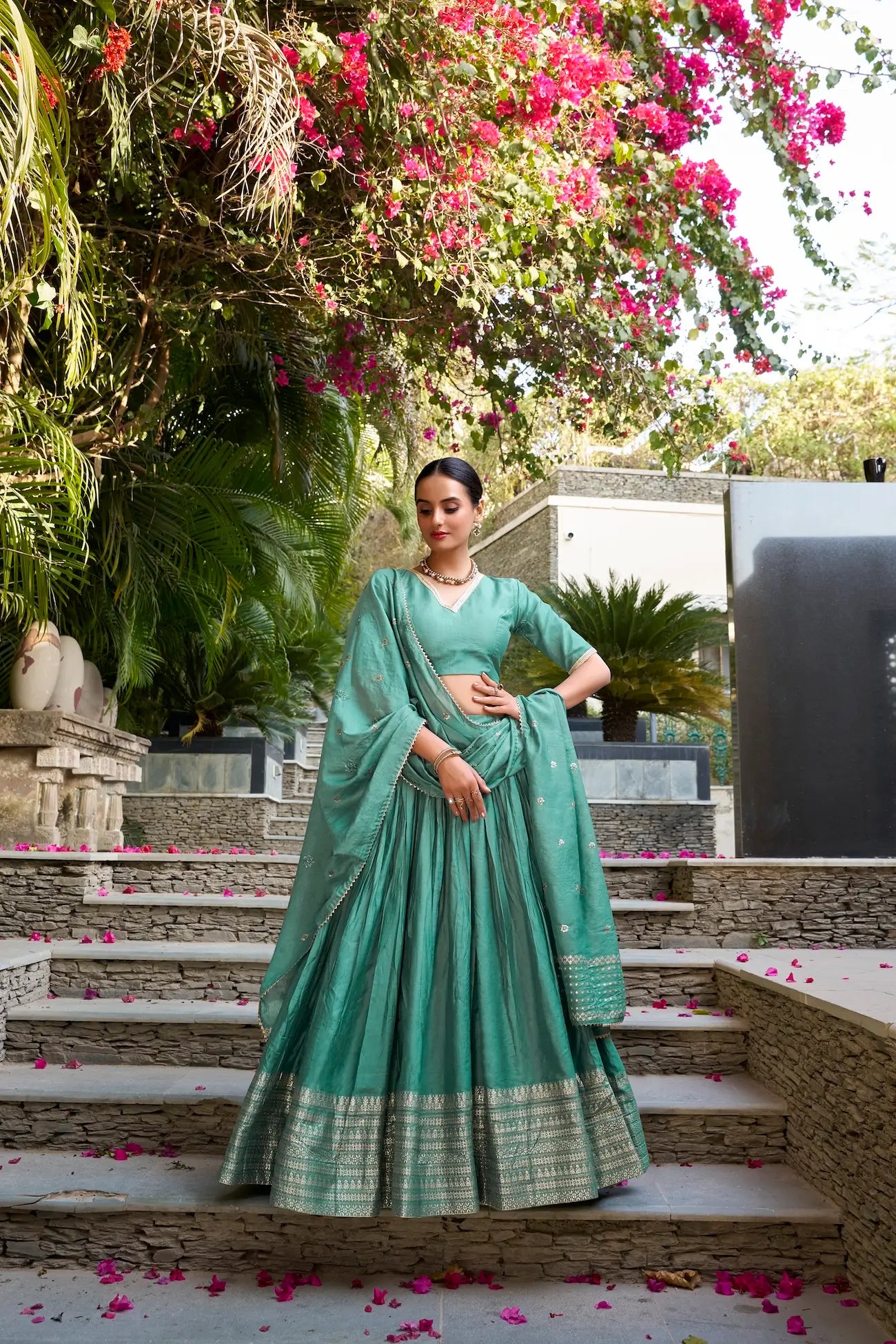 Sea Green Chanderi Silk Lehenga Choli With Zari Weaving Work