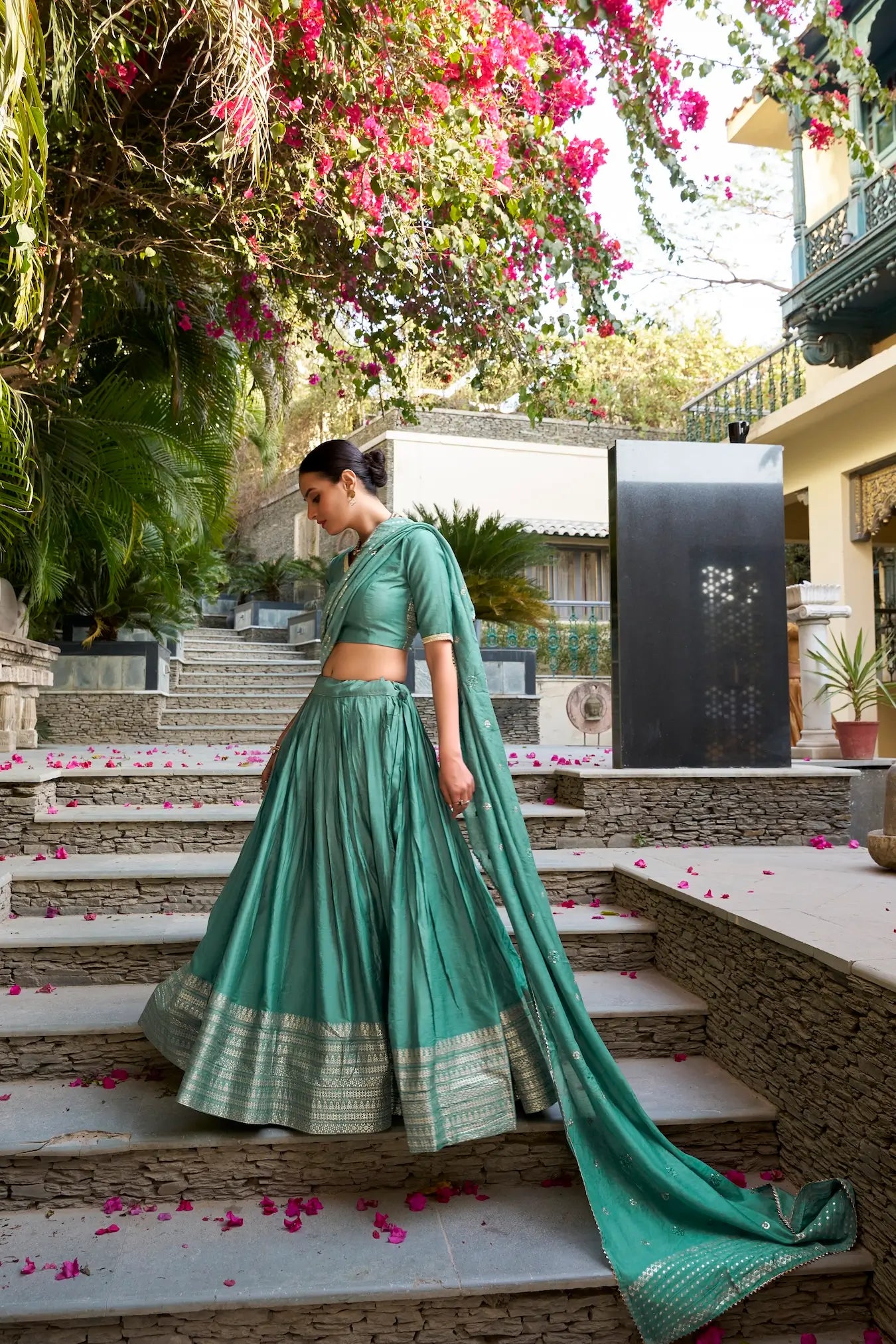 Sea Green Chanderi Silk Lehenga Choli With Zari Weaving Work
