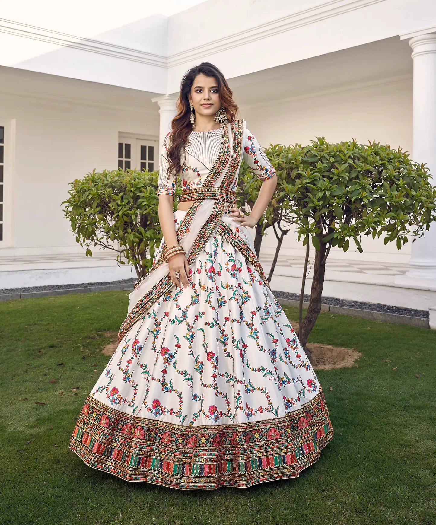 White Silk Thread with Sequence Embroidery Work Lehenga Choli