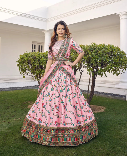Pink Silk Thread with Sequence Embroidery Work Lehenga Choli