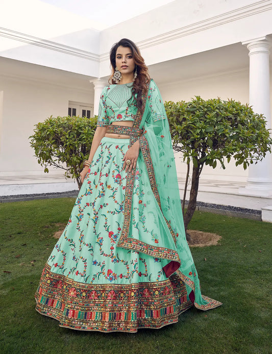 Green Silk Thread with Sequence Embroidery Work Lehenga Choli