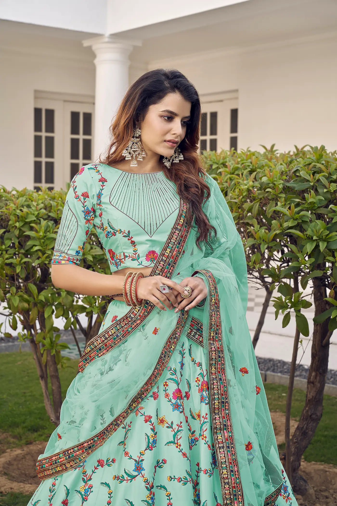 Green Silk Thread with Sequence Embroidery Work Lehenga Choli
