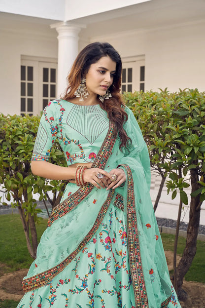 Green Silk Thread with Sequence Embroidery Work Lehenga Choli
