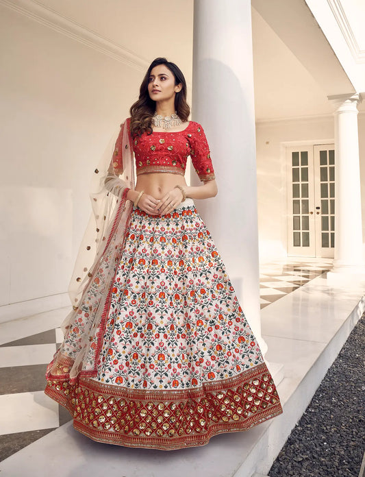 White Art Silk Thread with Sequence Embroidery Work Lehenga Choli