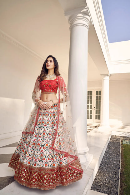 White Art Silk Thread with Sequence Embroidery Work Lehenga Choli