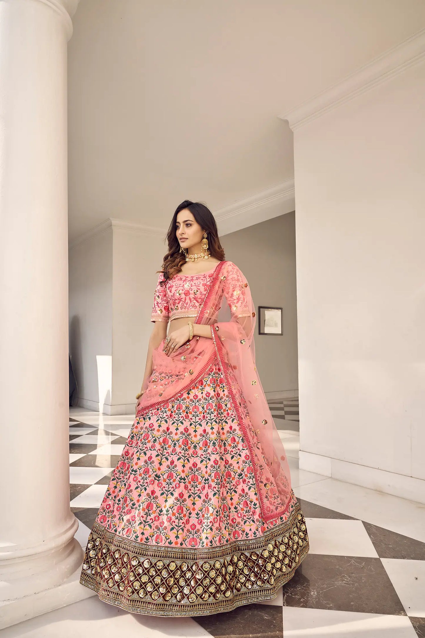 Pink Art Silk Thread with Sequence Embroidery Work Lehenga Choli