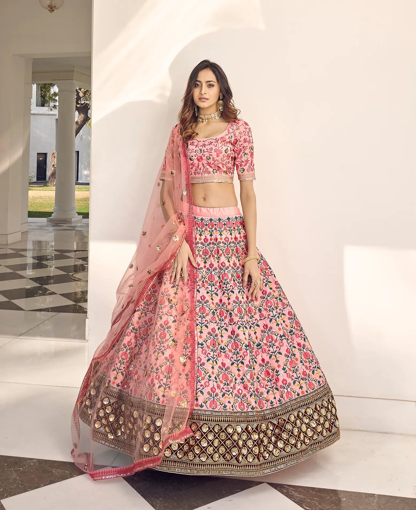 Pink Art Silk Thread with Sequence Embroidery Work Lehenga Choli