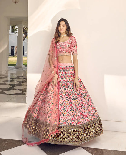 Pink Art Silk Thread with Sequence Embroidery Work Lehenga Choli