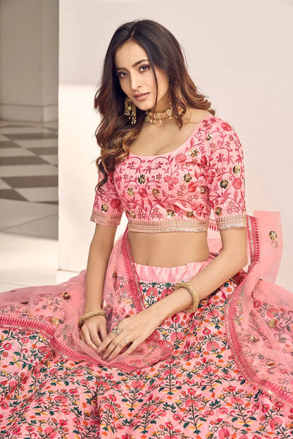 Pink Art Silk Thread with Sequence Embroidery Work Lehenga Choli