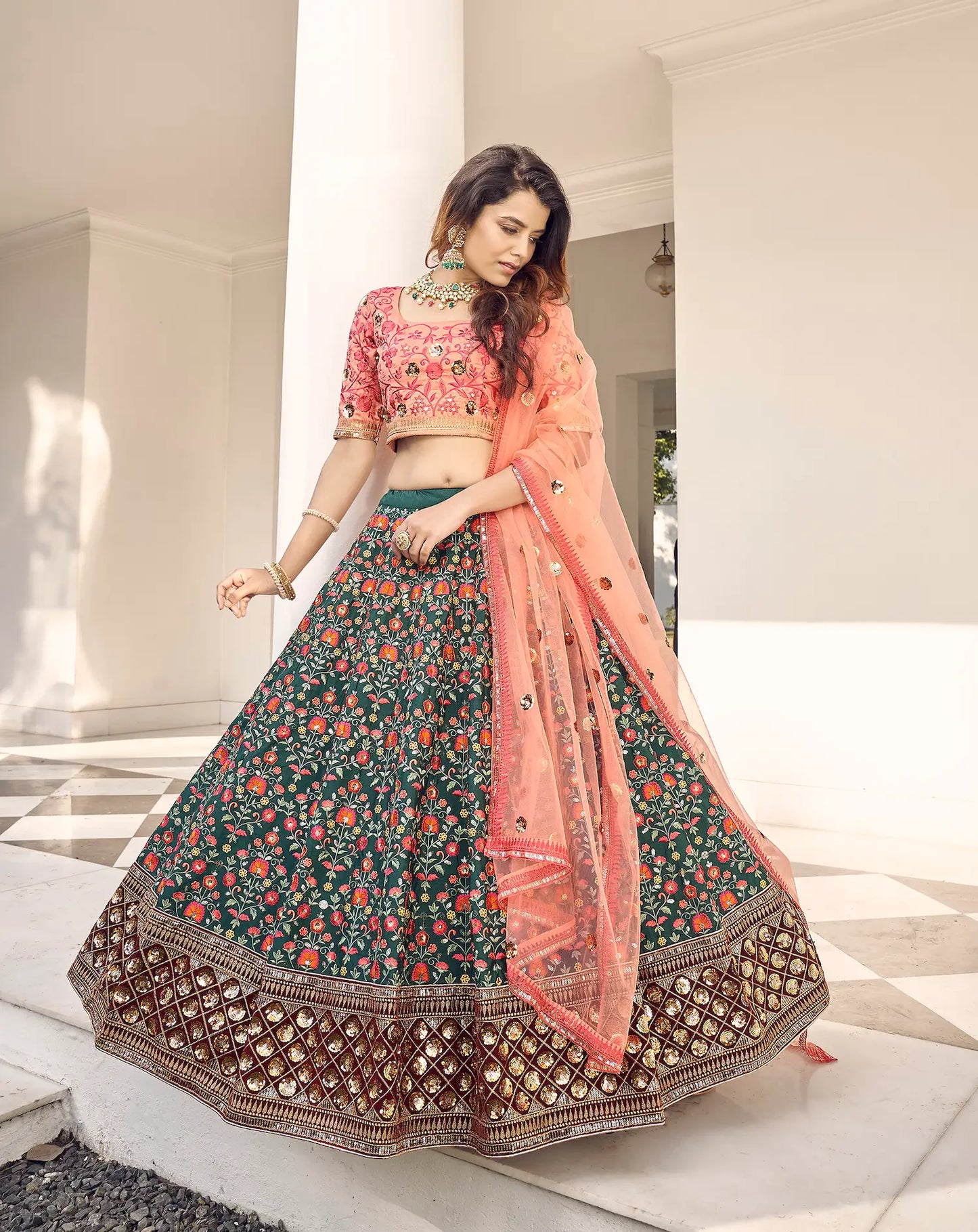 Green Art Silk Thread with Sequence Embroidery Work Lehenga Choli