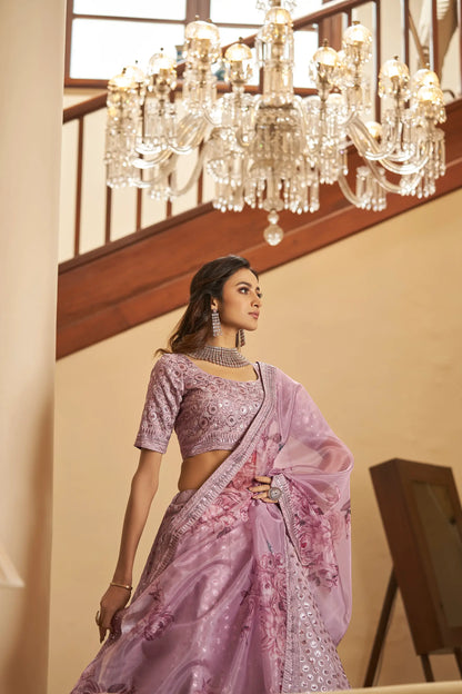 Dusty Pink Thread, Zari, Sequins Embroidered Lehenga Choli And Digital Print Dupatta