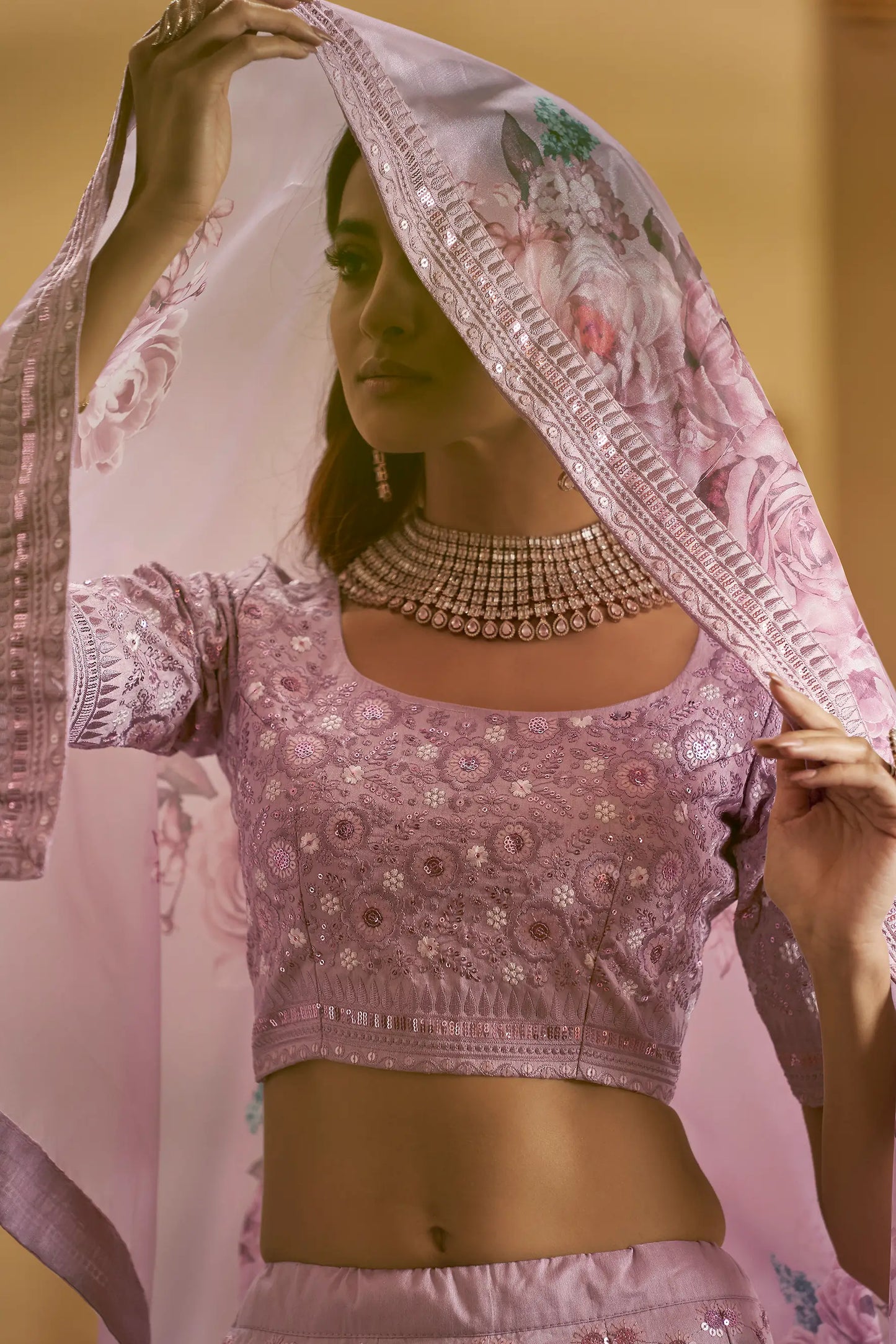 Dusty Pink Thread, Zari, Sequins Embroidered Lehenga Choli And Digital Print Dupatta