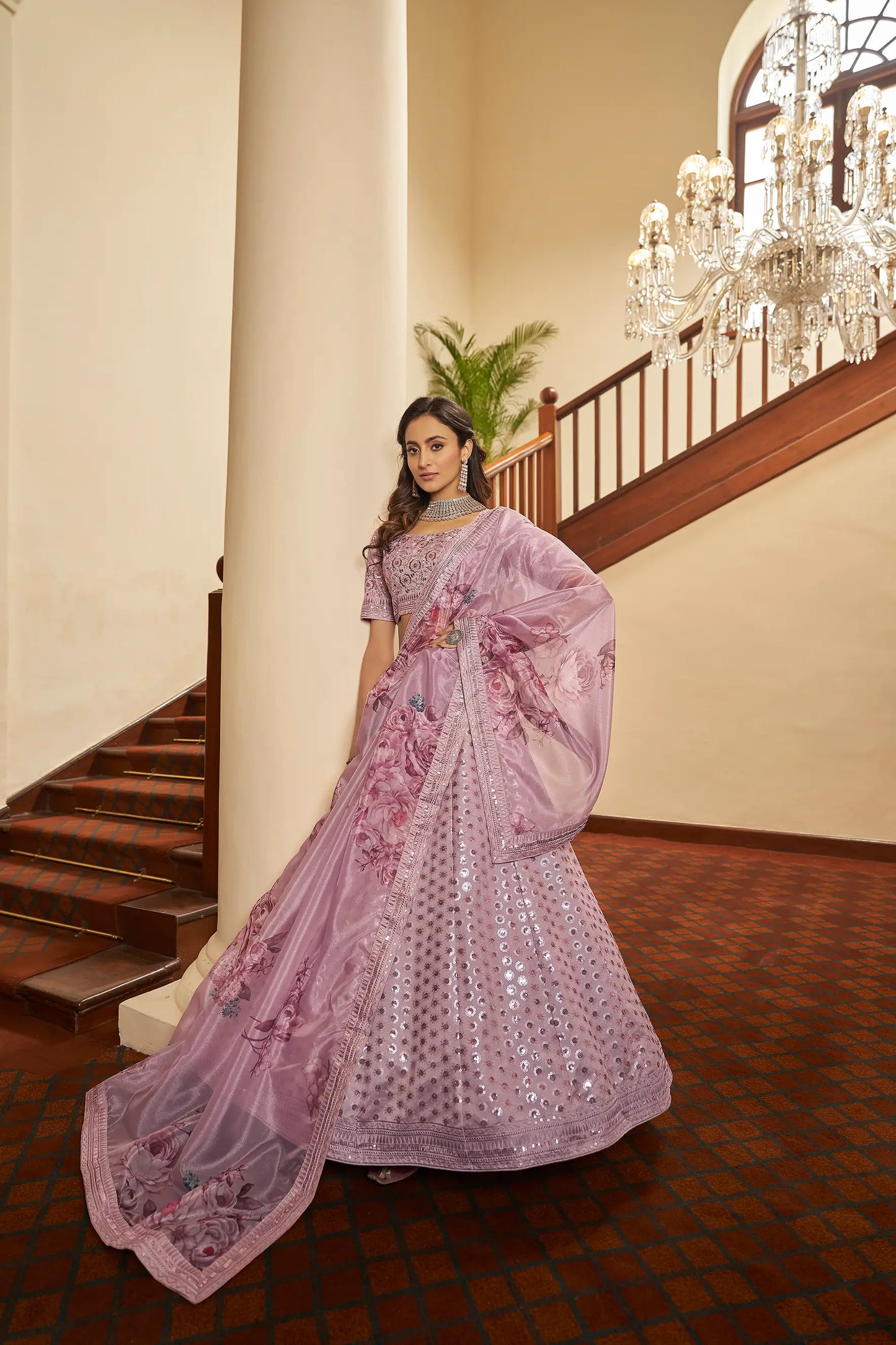 Dusty Pink Thread, Zari, Sequins Embroidered Lehenga Choli And Digital Print Dupatta
