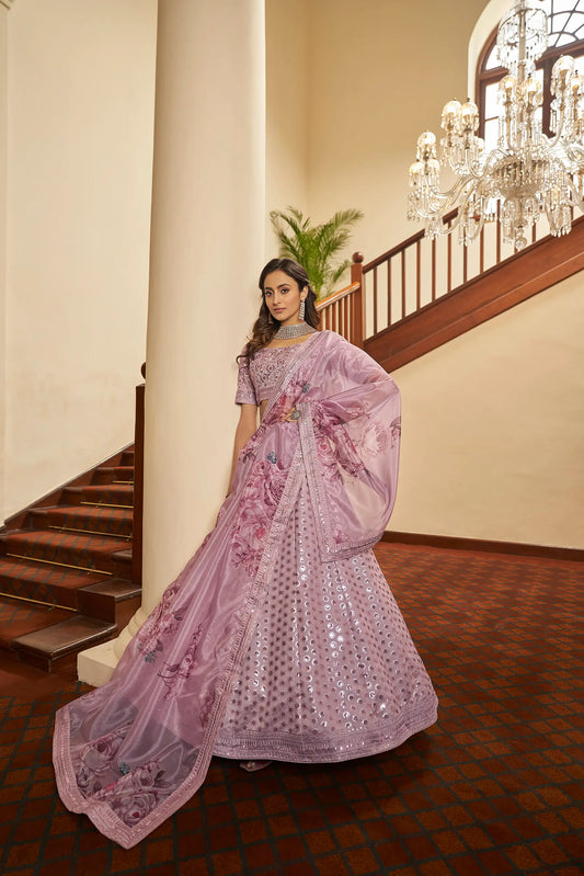 Dusty Pink Thread, Zari, Sequins Embroidered Lehenga Choli And Digital Print Dupatta