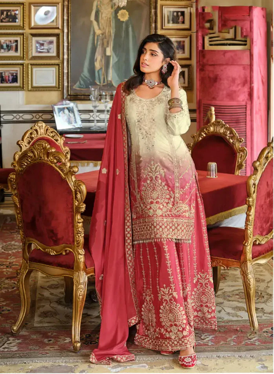 Rust Orange Chinon Embroidered Salwar Suit