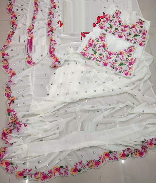 White Color Party Wear Heavy Ruffle Celebrity Saree