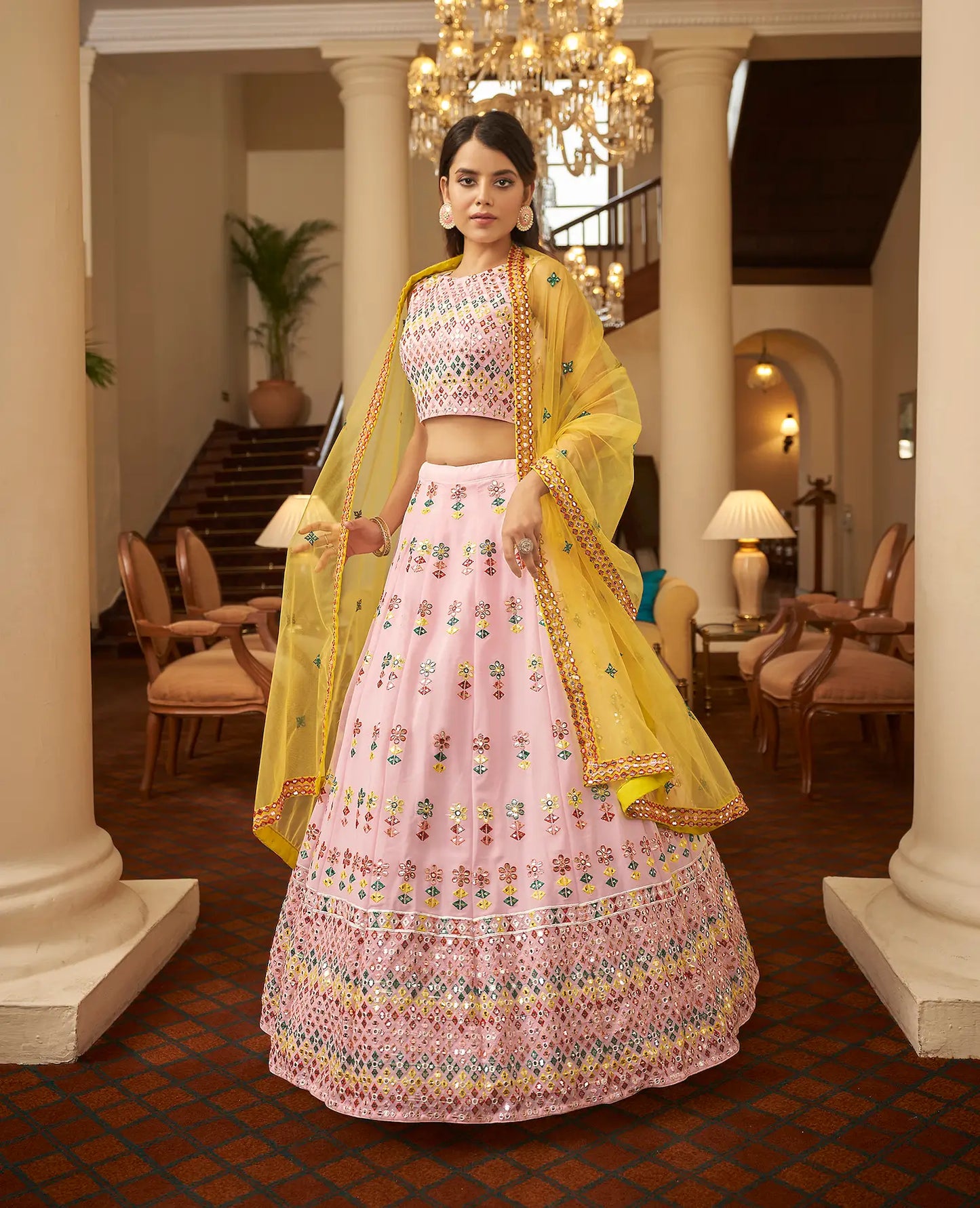 Light Pink Georgette Gota Patti With Thread Embroidered Work Lehenga Choli