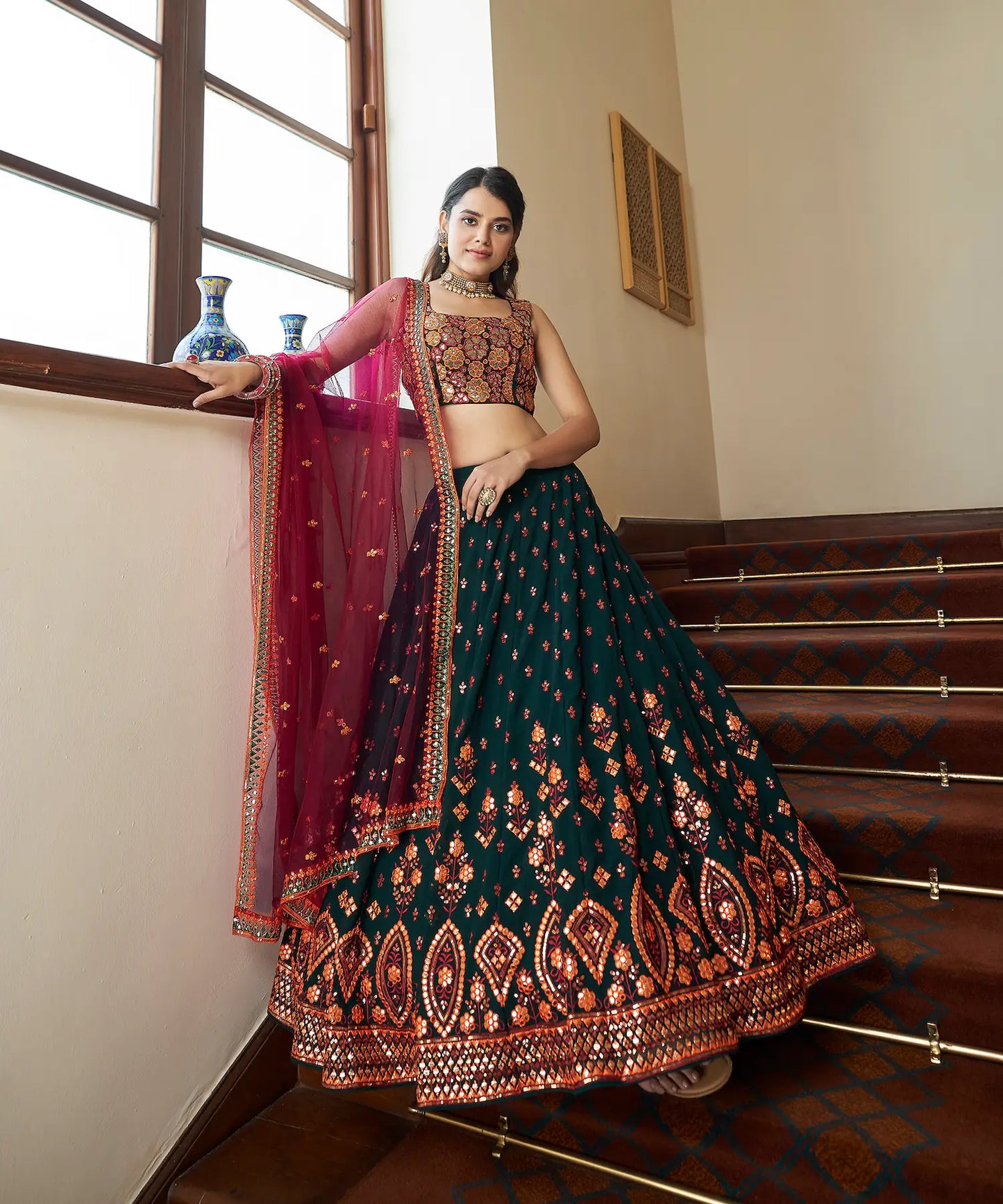 Green Georgette Gota Patti With Thread & Sequence Embroidered Work Lehenga Choli