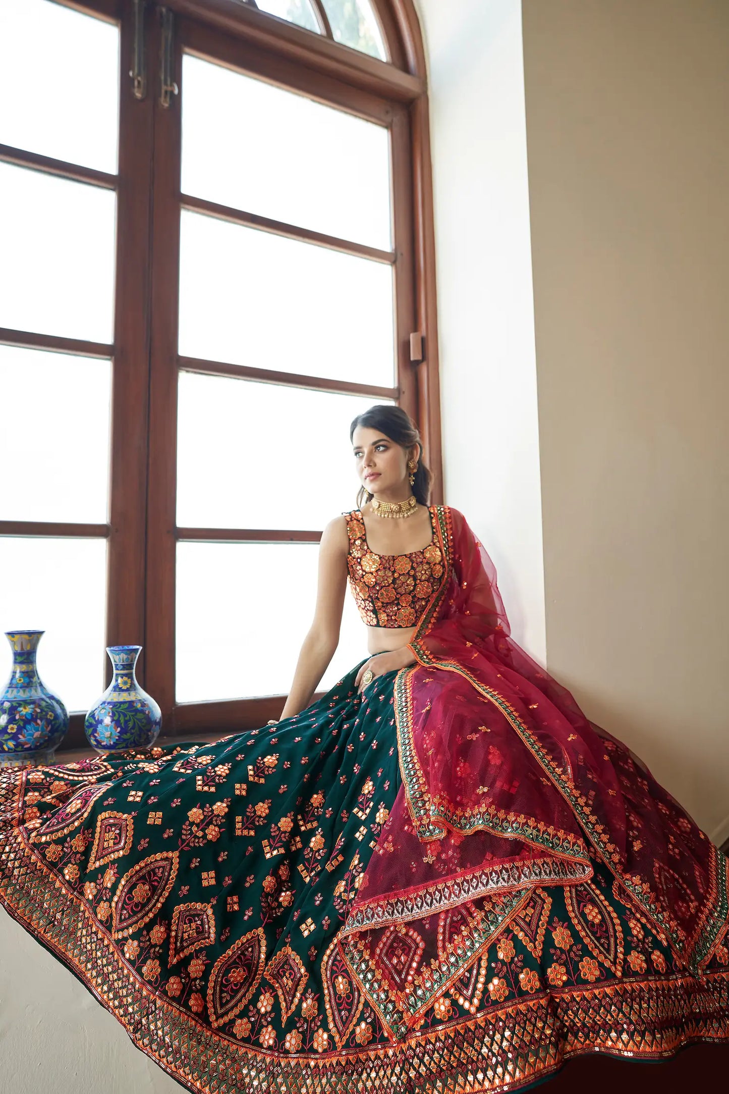 Green Georgette Gota Patti With Thread & Sequence Embroidered Work Lehenga Choli