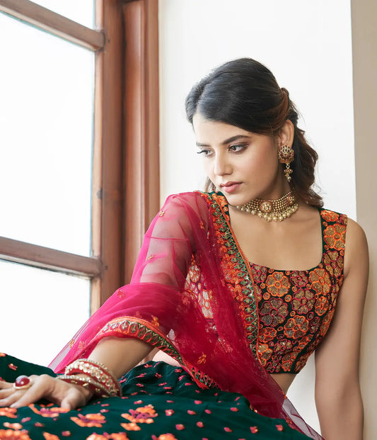 Green Georgette Gota Patti With Thread & Sequence Embroidered Work Lehenga Choli