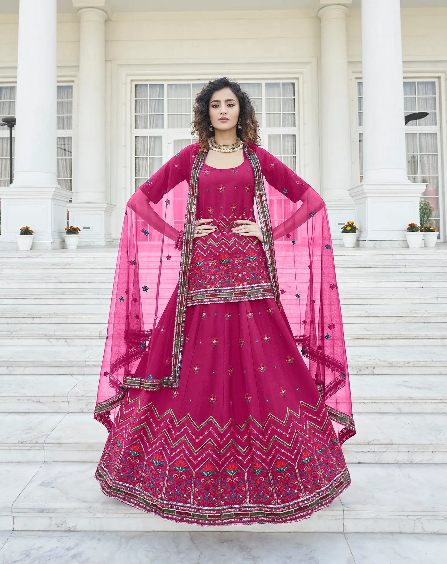 Deep Pink Chinon Gota Patti With Thread & Sequence Embroidered Work Lehenga Choli