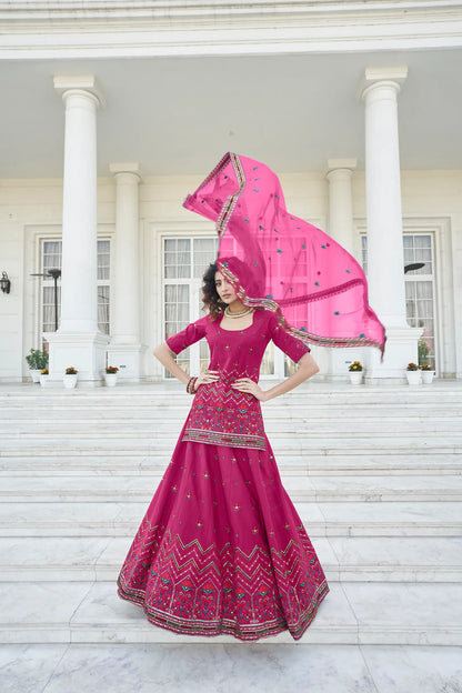 Deep Pink Chinon Gota Patti With Thread & Sequence Embroidered Work Lehenga Choli