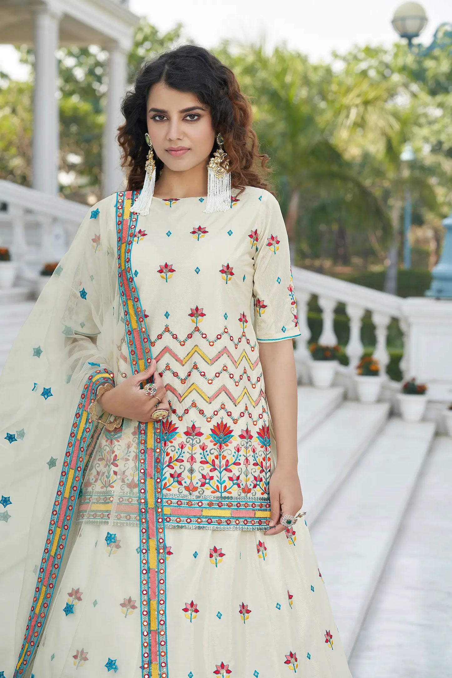 Beige Chinon Gota Patti With Thread & Sequence Embroidered Work Lehenga Choli